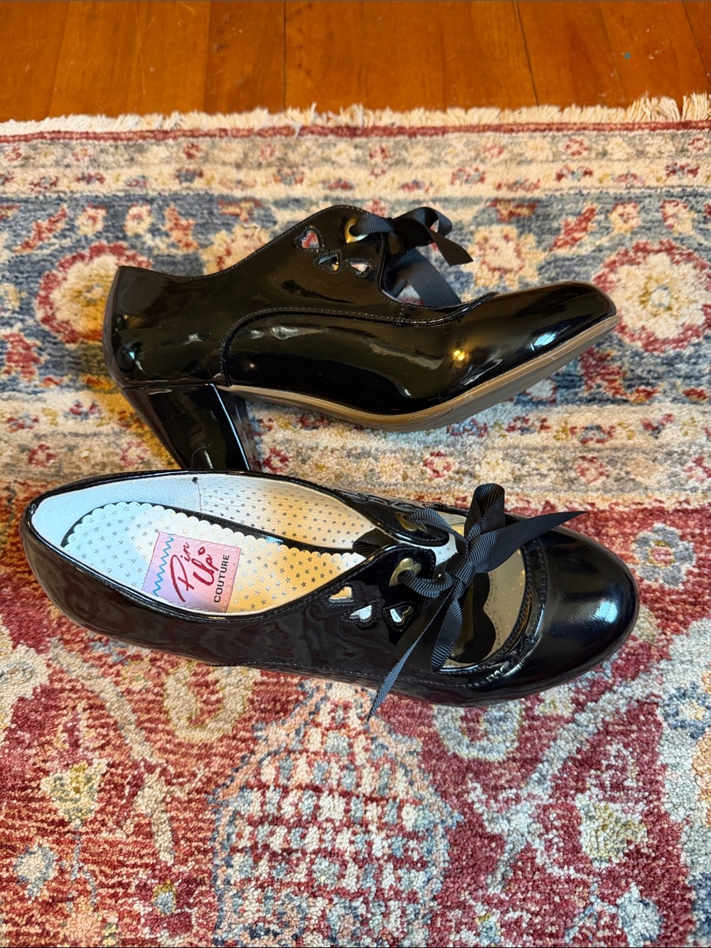 Pinup Couture Black Patent Lace-Up Ribbon Heels “Wiggle”